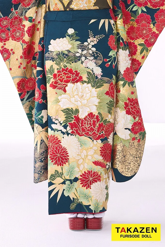 粋古典 紺/赤/ゴールド(金色) 牡丹柄/大柄 金彩刺繍京友禅 かっこいい
