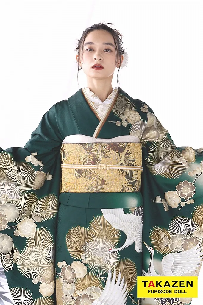 粋古典 緑/金/グリーン 鶴柄/針松柄 金彩京友禅 かっこいい振袖 大人っ