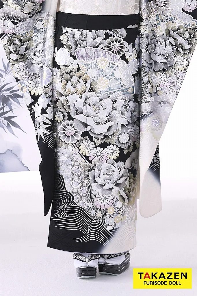 粋古典 シルバー/白黒 扇面柄/牡丹柄 最高級金彩刺繍友禅 かっこいい