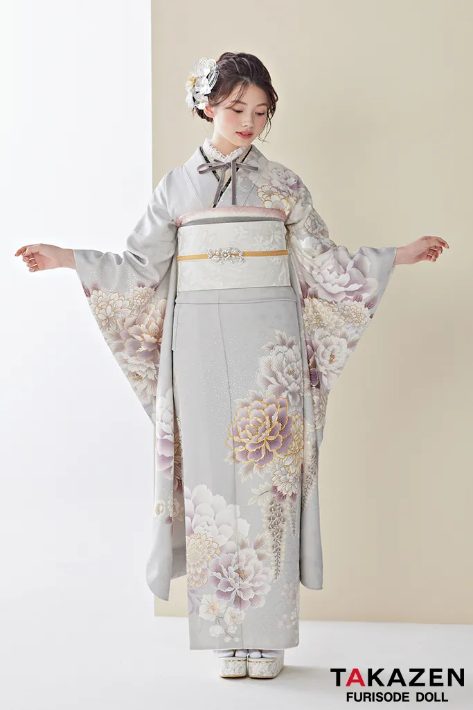 くすみカラー古典 淡い色/薄グレー/ニュアンスカラー 牡丹柄 綺麗な