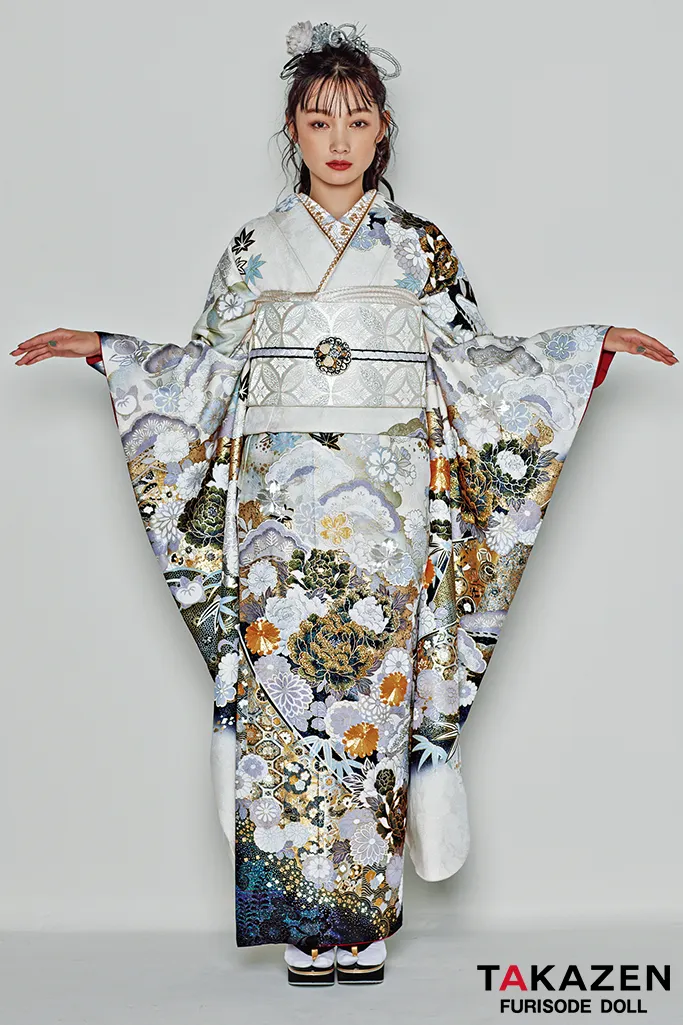 振袖 身長158-173cm 黄 矢絣 牡丹 松竹梅 正絹 振袖 身長158-173cm 黄