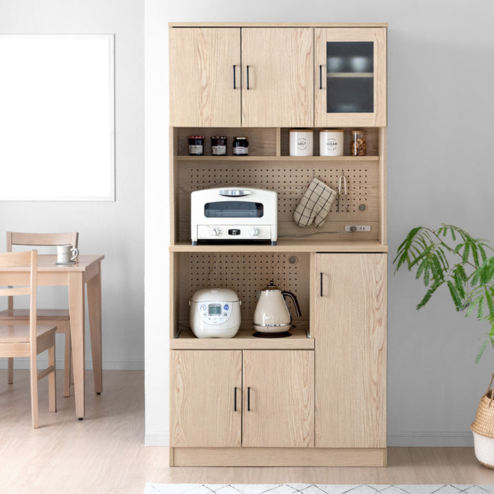 幅90］食器棚 木製 コンセント付き パンチングボード 大型レンジ対応