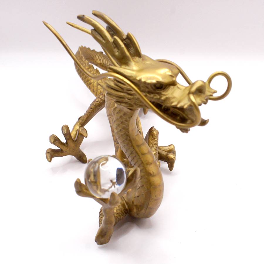 開運 風水 真鍮製 招運五爪龍 願い龍 置物 211KM010 人工水晶1個付属