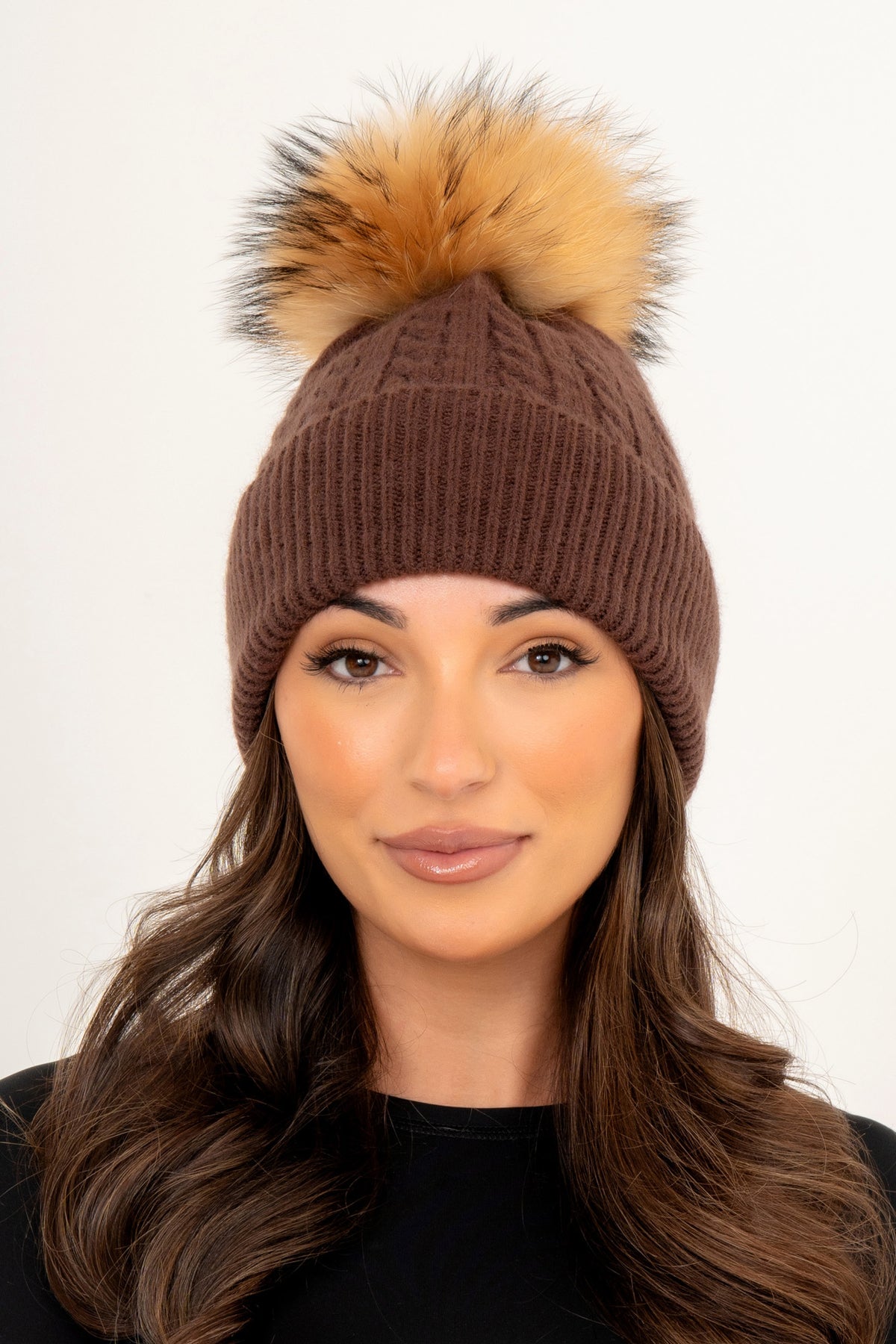 The Camden Chocolate Brown Wool Cable Knit Fur Bobble Hat – The
