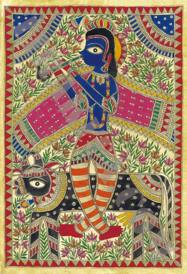 ミティラー画のポスター クリシュナと牛 インド 神様 本 印刷物