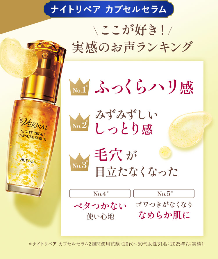 ヴァーナル初 夜用美容液ついに誕生。ナイトリペアカプセルセラム