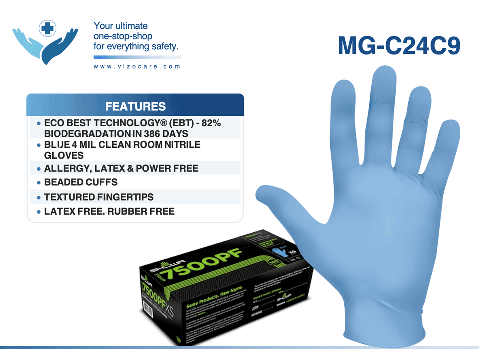 Clean Room Showa 7500PF 4 Mil Blue Biodegradable Nitrile Gloves