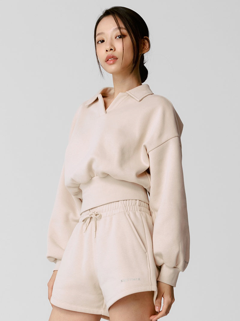 XTFMT11J3 裏起毛 コットン混 オープンカラー クロップド丈 トレーナー