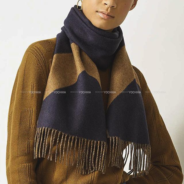 タグ付き！HERMES エルメス カシミアマフラー リバーシブル ネイビー