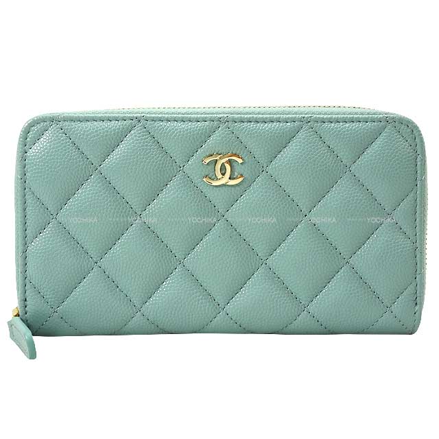 CHANEL キャビアスキン キルティングレザー 長財布 ミントグリーン 30
