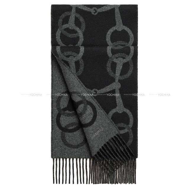 HERMES エルメス マフラー エニーモール フランネルグレー/黒 カシミヤ