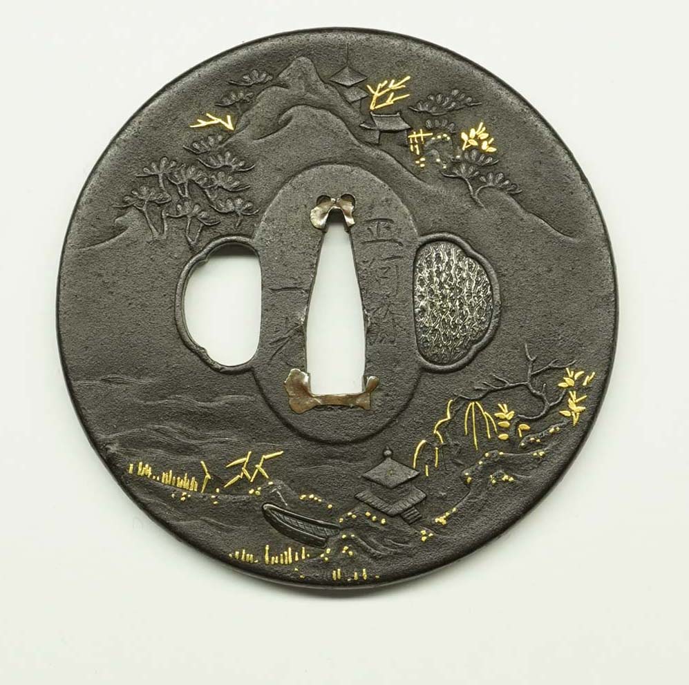 在銘 会津住正阿弥鍔 縦85mm横84mm厚さ4mm 時代物 刀装具 在銘 会津住