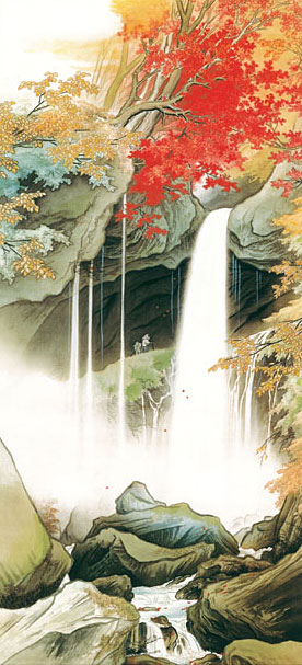真作複製掛軸 川合玉堂 工芸画 日光浦見瀧 紅葉と瀑布 箱