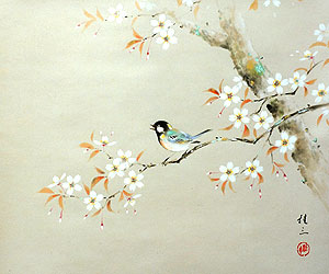 花鳥の掛け軸 佐藤桂三作 桜に小禽
