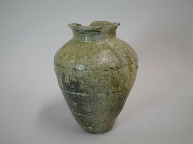 古常滑】三筋壺 降物 趣ある窯くっつき 古物 お経の入れ物 三本の筋が