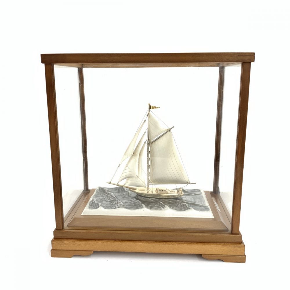桜 銀製 2本マストヨット 2号 桐箱入り ガラスケース付き 桜 銀製 2