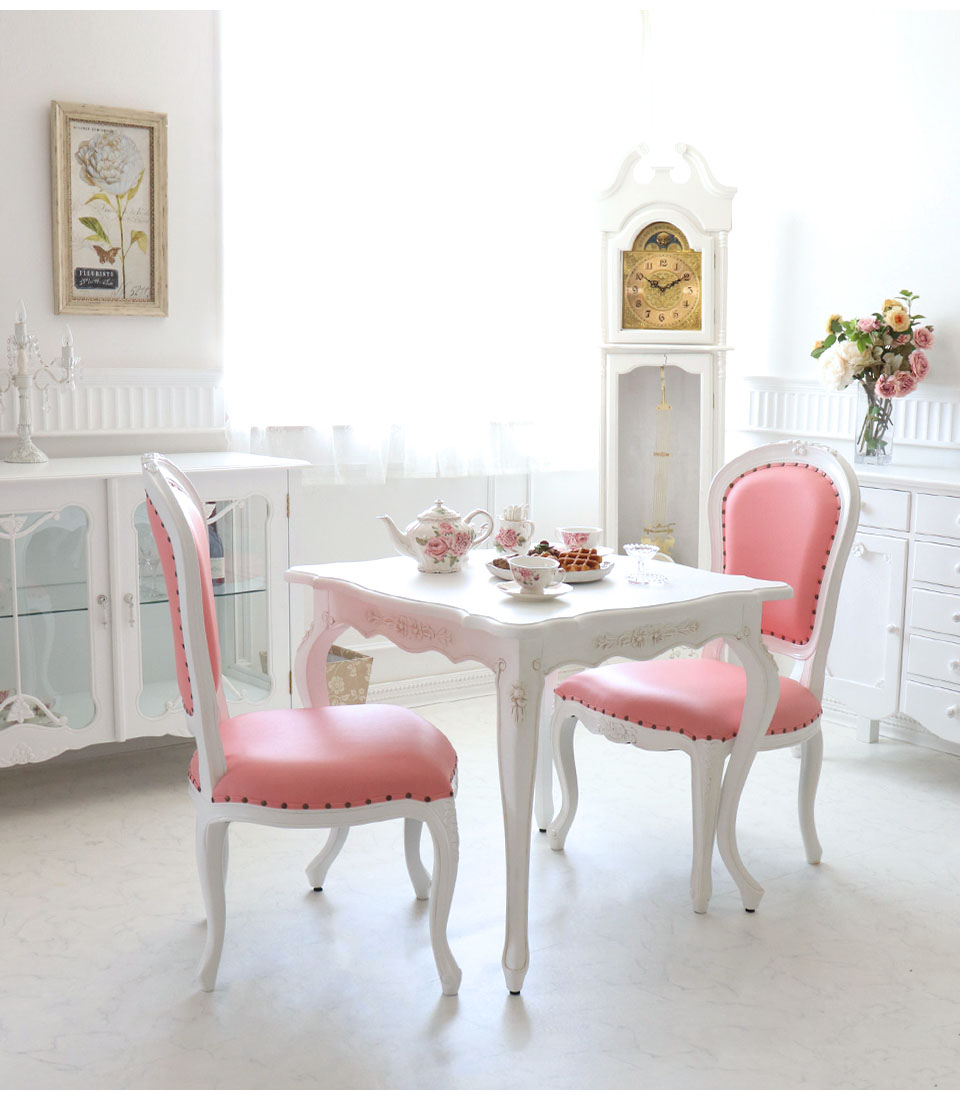 ロココ調 コンパクトダイニングセット 3点 ピンク 輸入家具 白家具 姫