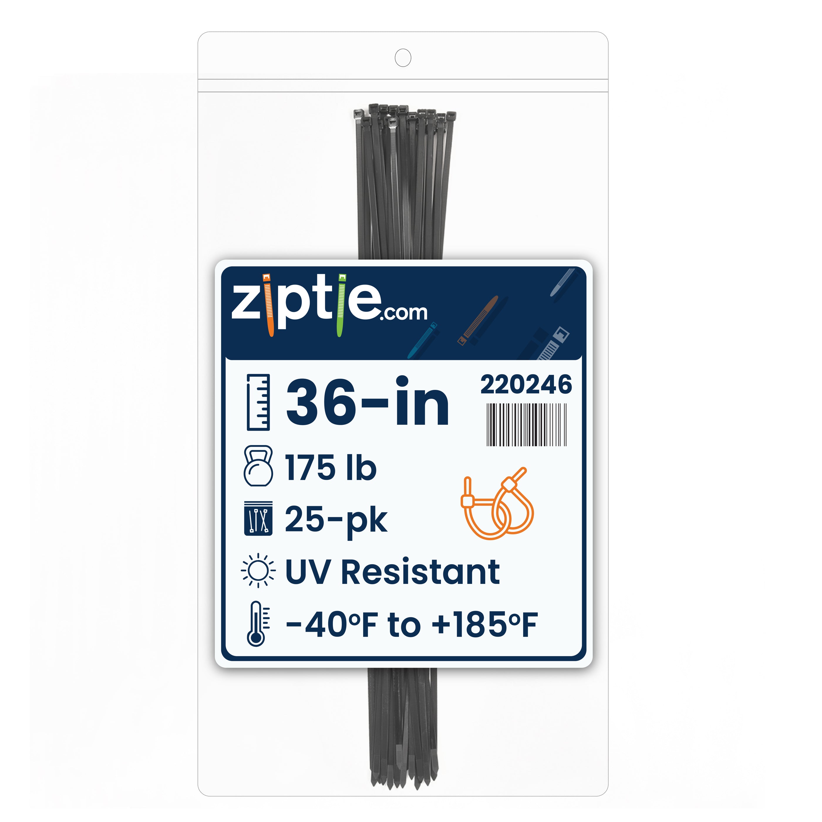 36-inch UV Resistant Black Multi-Purpose Zip Tie, 175-lb Tensile