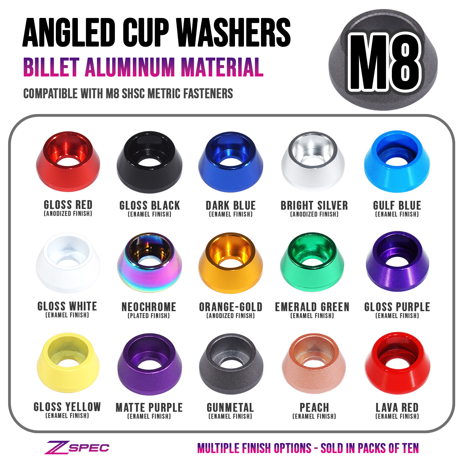 ZSPEC M8 Angled Cup Finish Washers for SHSC Fasteners, Billet Aluminum