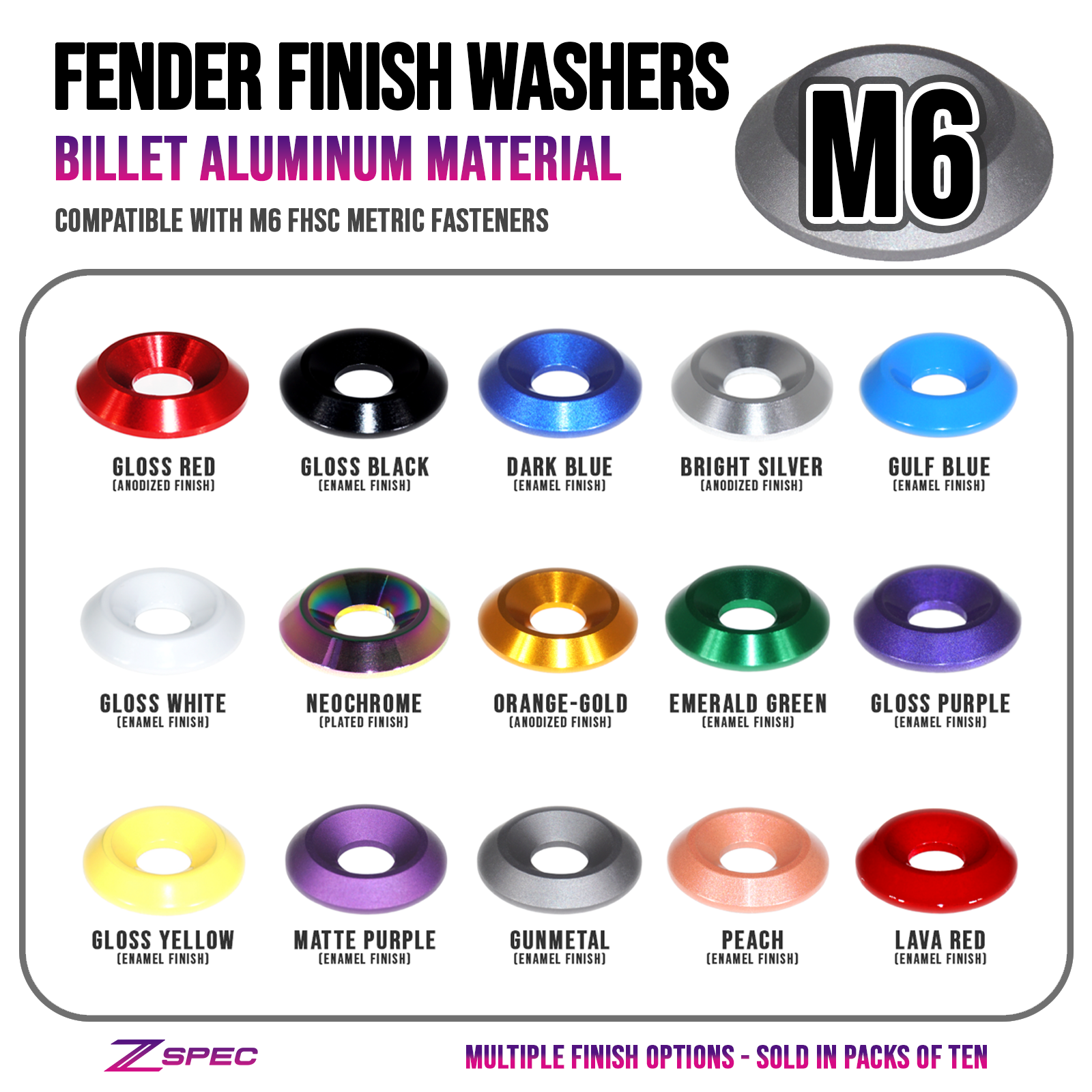 ZSPEC M6 Billet Dress Up Fender-Finish Washers, FHSC Fasteners, Billet