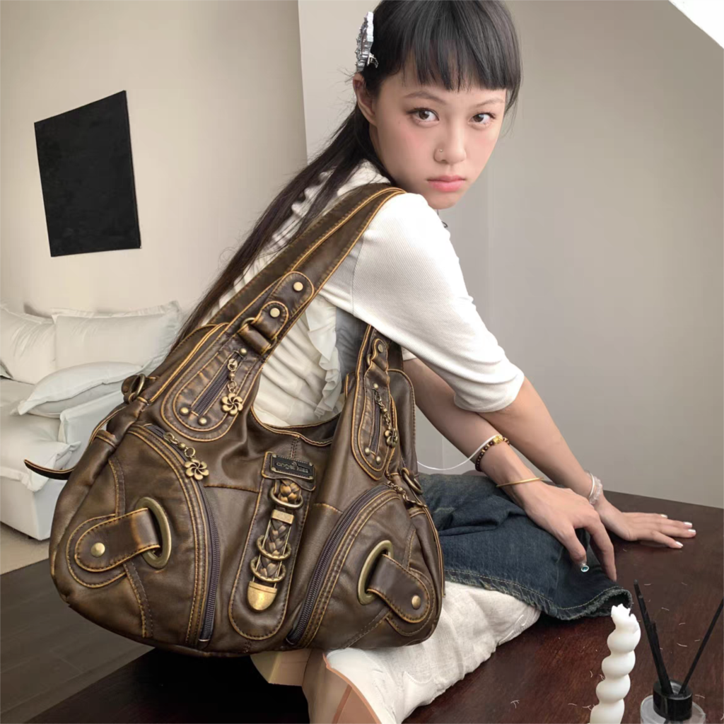 JIAERDI Vintage Brown Y2k Handbag Women Retro Subculture Leather