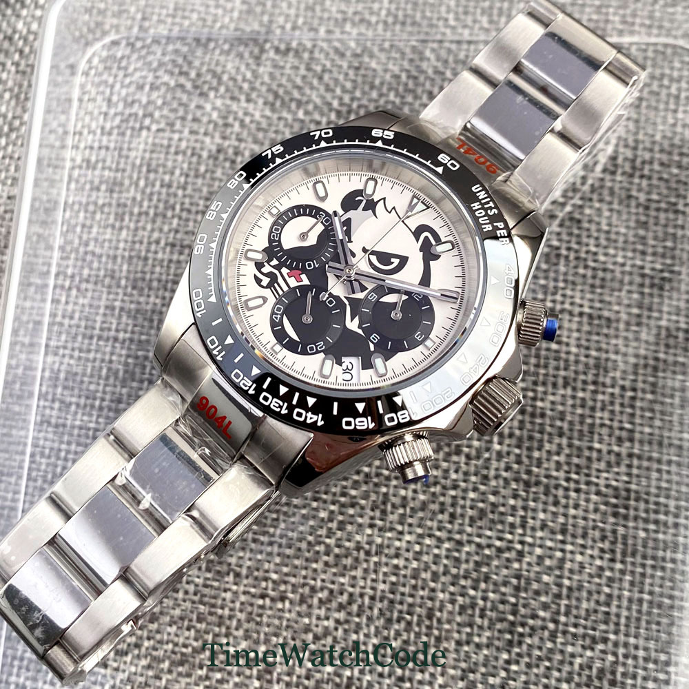 Tandorio 39mm Quartz VK63 Chronograph Panda Crocodile Fashion