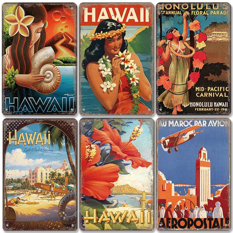 Morocco Hawaii Poster Vintage Metal Sign Ocean Beach Surfing Girl