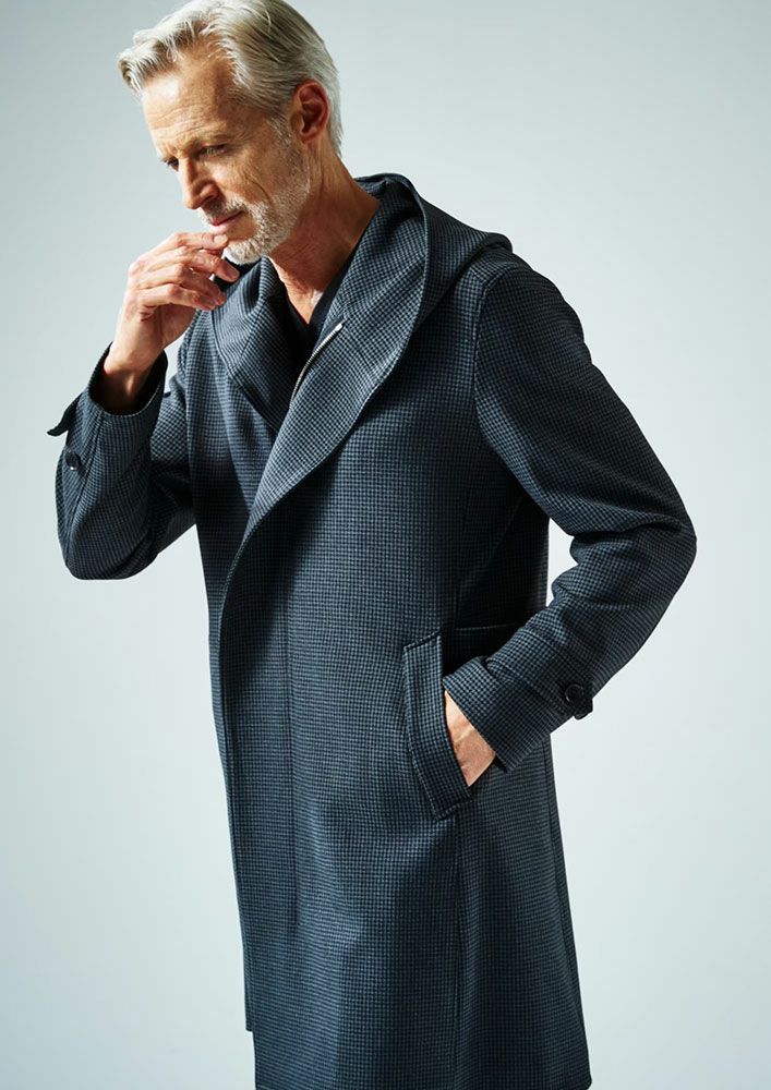 AKM】DOBBY STRETCH WRAP HOODED COAT -BLACK/NAVY- | AKM