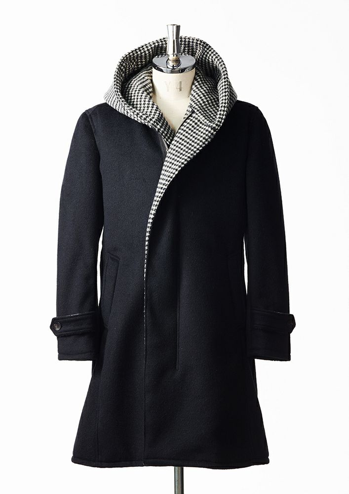 AKM】ANGORA WOOL MELTON SHAGGY WRAP HOODED COAT -BLACK-