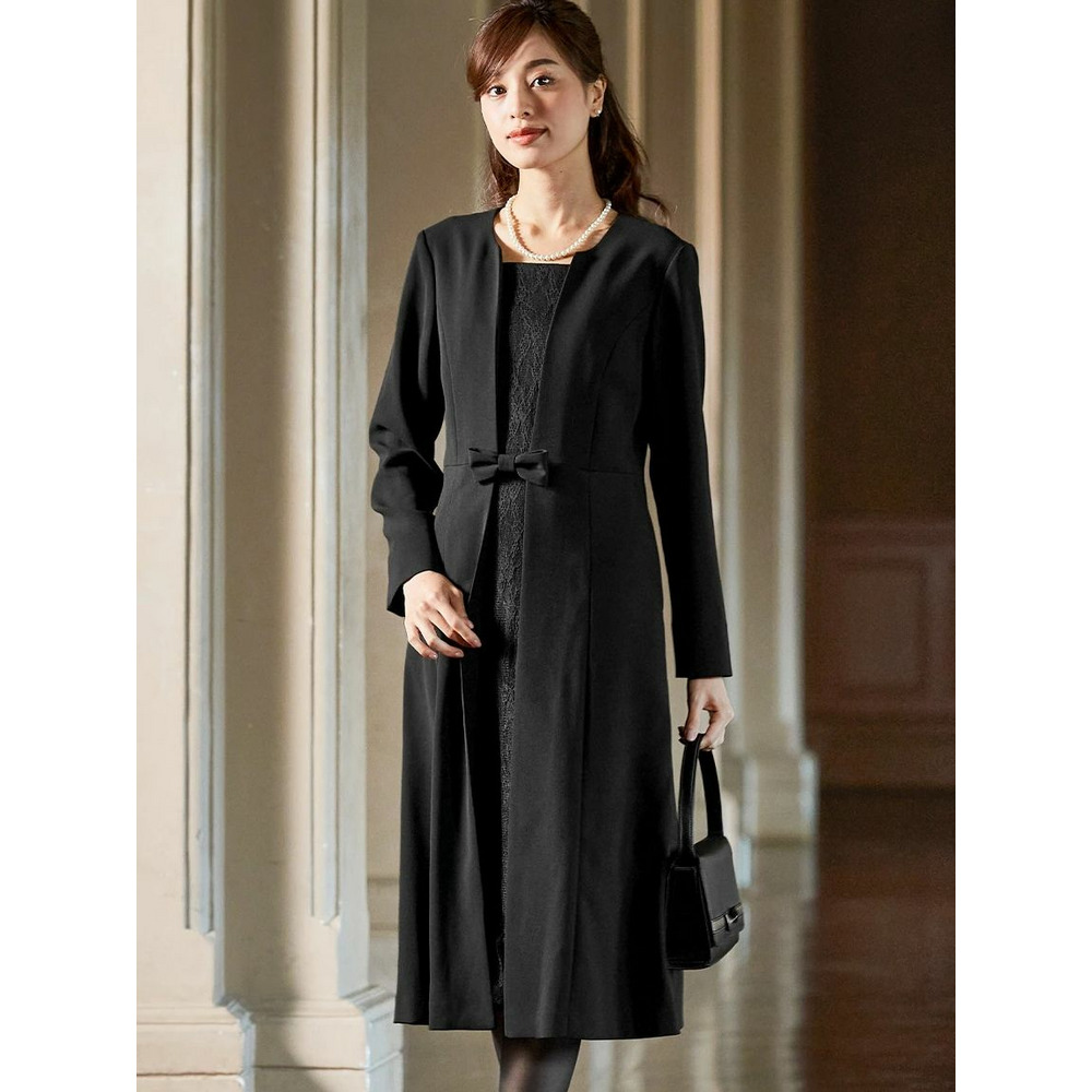 喪服・礼服】洗える防しわアンサンブル風レース使いロング丈ストレッチ