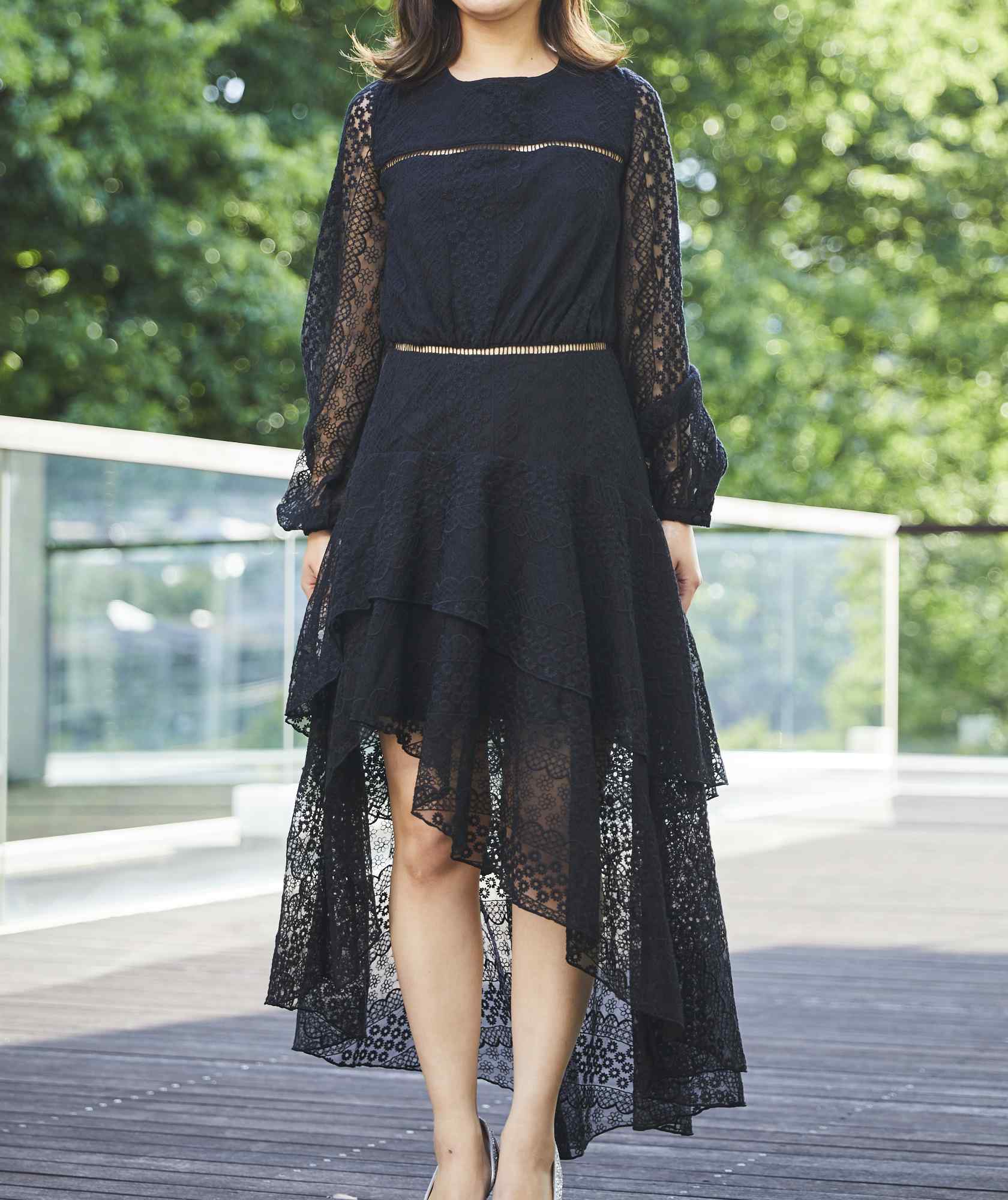 アシンメトリーフルスリーブミディアムドレス-ブラック-M