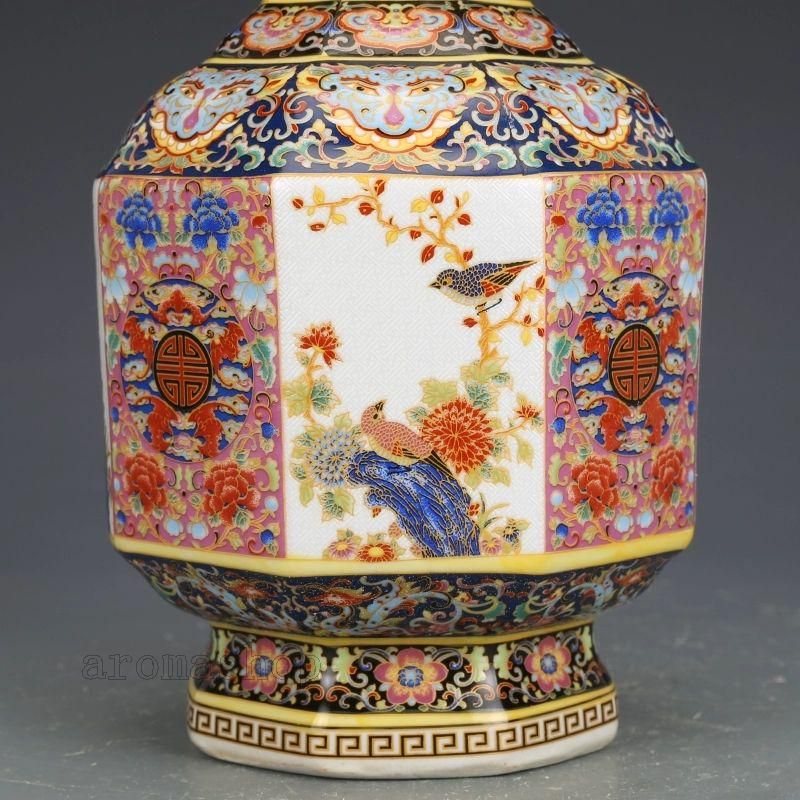 パステル蒔絵花鳥多稜天球瓶 景徳鎮 陶磁器 装飾品 工芸品 美術品 置物