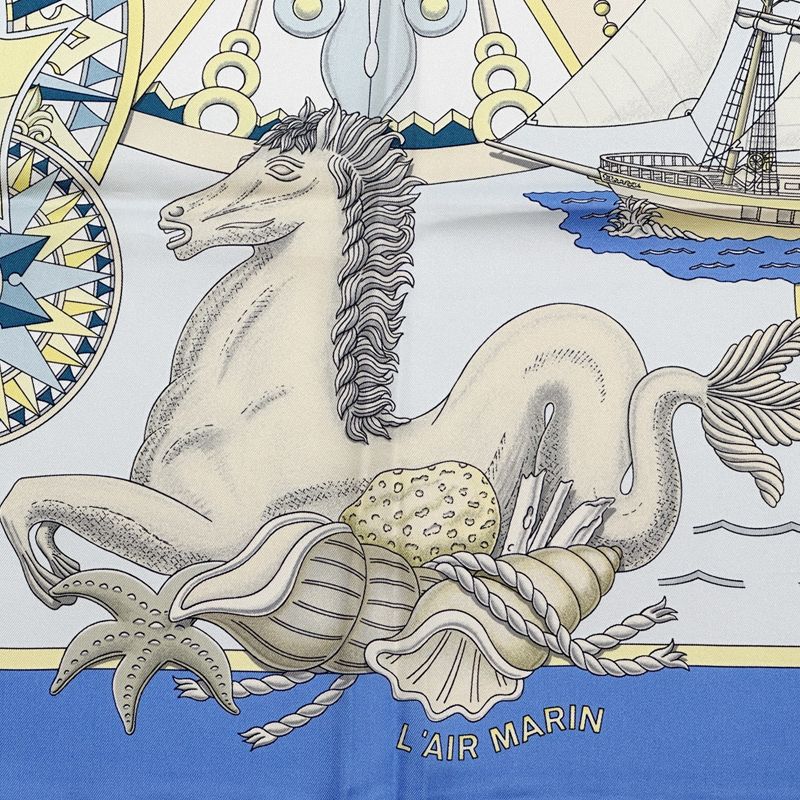 エルメス スカーフ L'AIR MARIN 船、馬、貝のモチーフ エルメス
