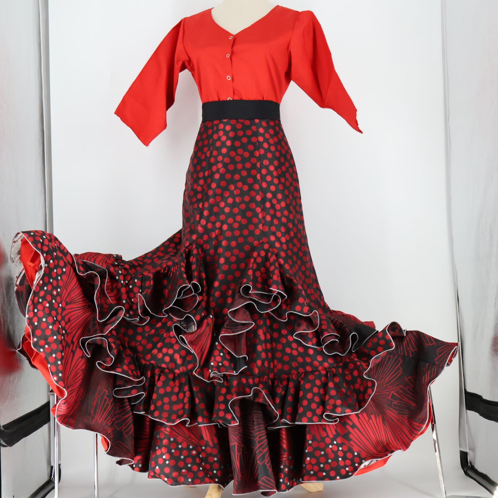 美品 スペイン製 フラメンコ衣装】レッド×豪華ボランテ 上下セット