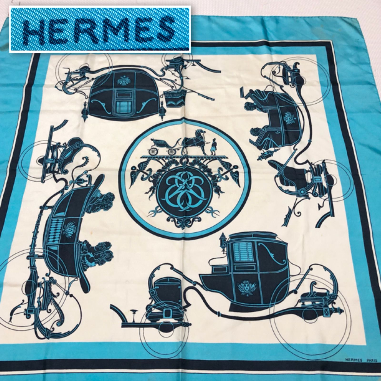 HERMES エルメス カレ90 大判スカーフ エクスリブリス 馬車 ホワイト