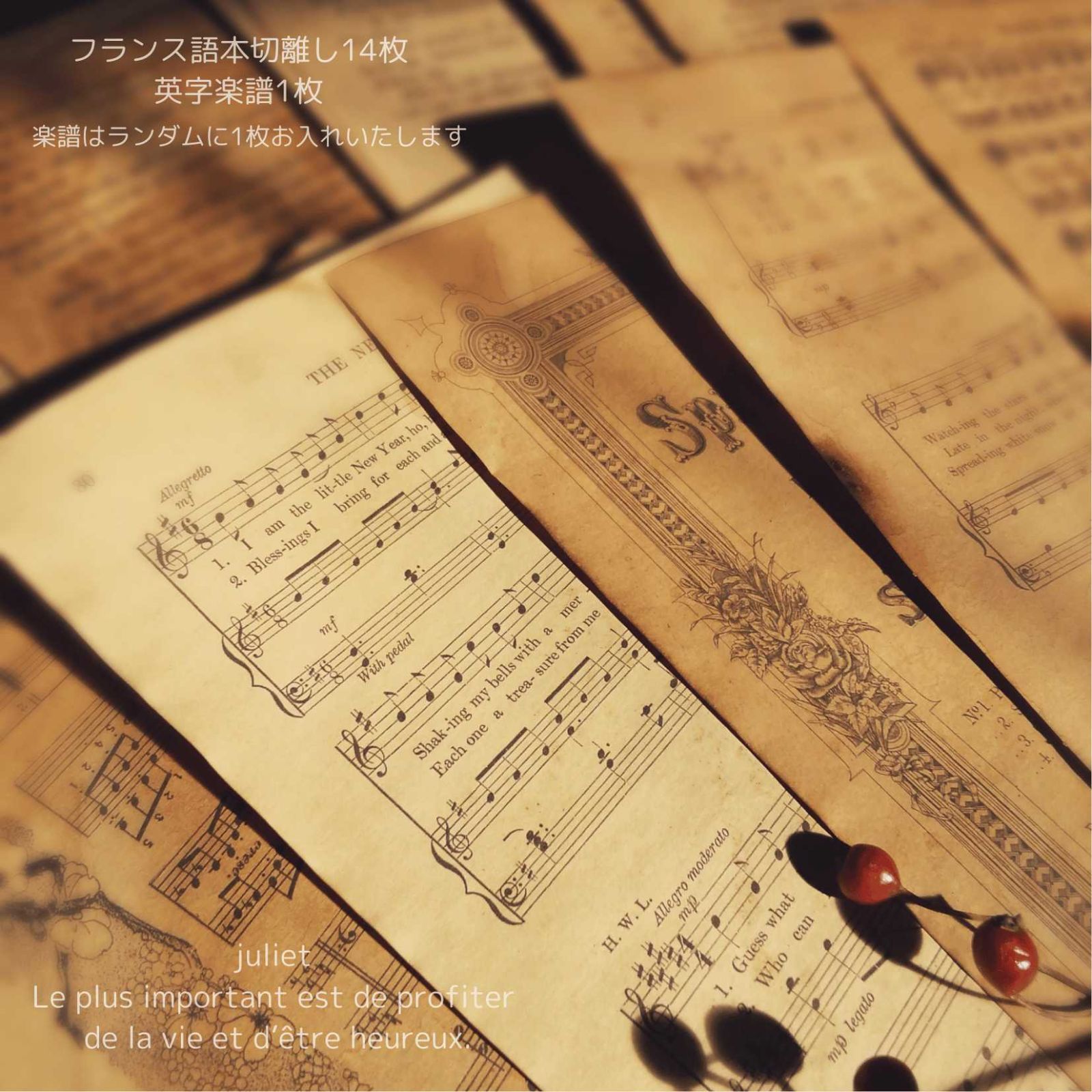 珈琲染めペーパー フランス語本切離し 英字楽譜ランダム 15枚