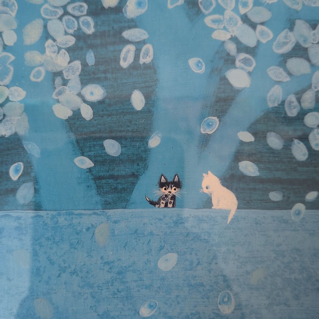 限定版800部 渡辺あきお ダイヤモンドスクリーン版画 猫2匹 サイン