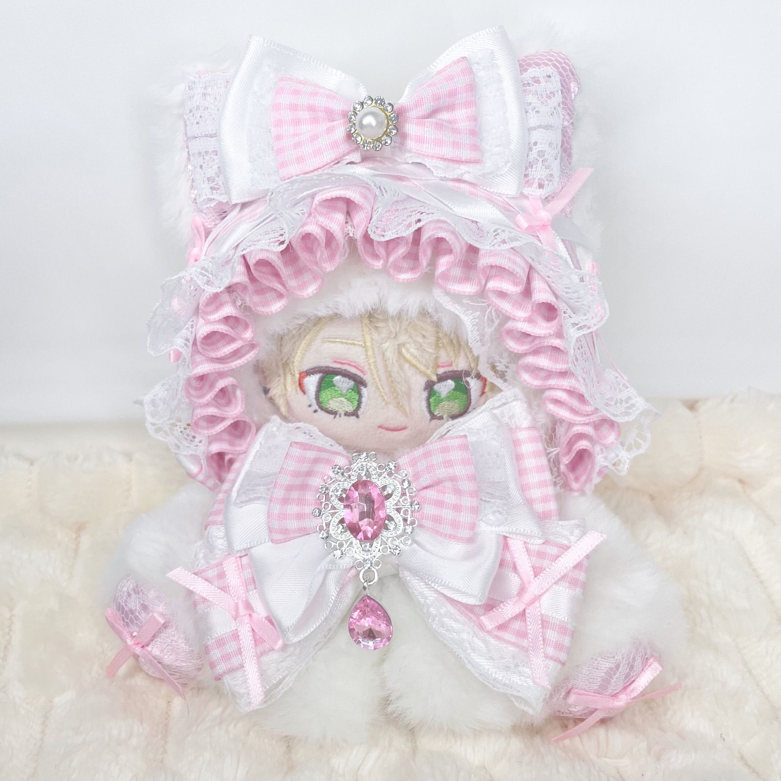 10cm～12cm用 ぬい服 ハンドメイド ネコ耳 ピンク おすわり いつぬい