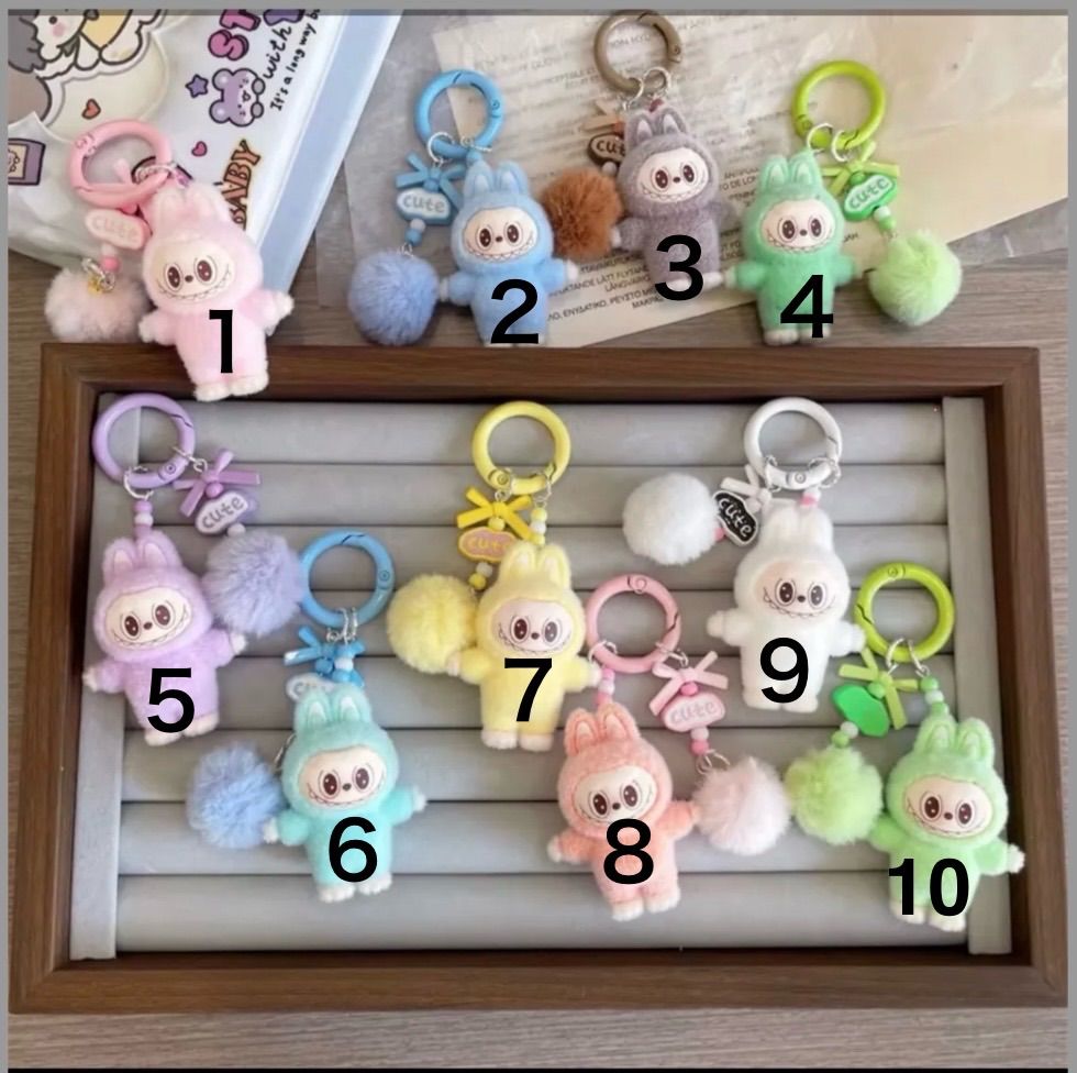 2個セット ラブブ Labubu キーホルダー ミニ ポンポンリボン付き