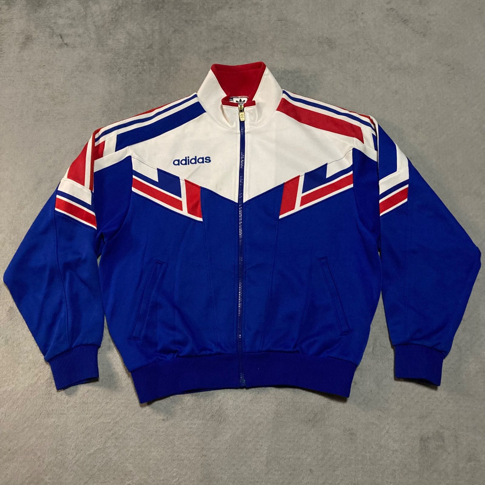 80s アディダス 刺繍ロゴ トラックジャケット デサント製 トリコカラー