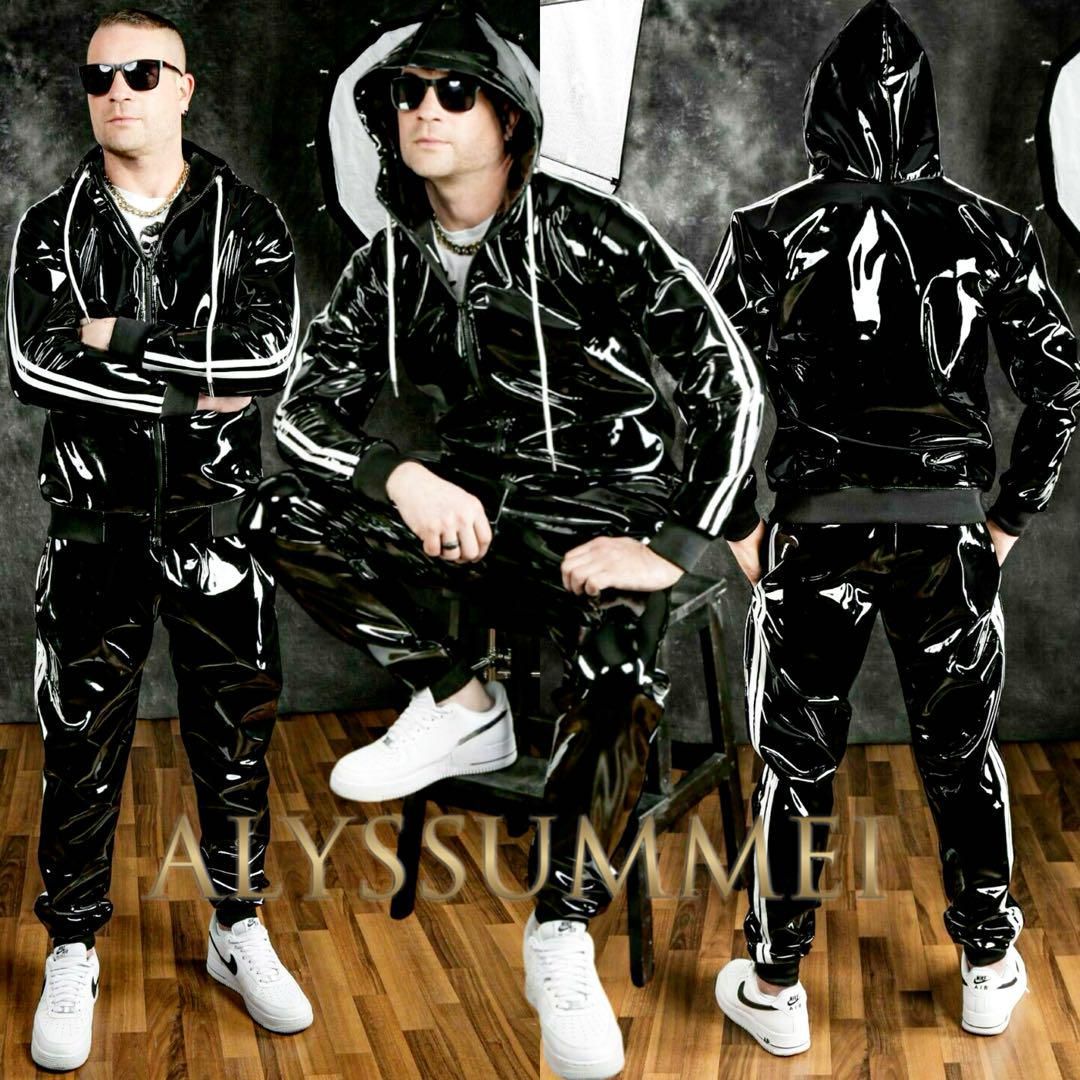 超光沢エナメルウインドブレーカーサウナースーツ上下2点セットアップ