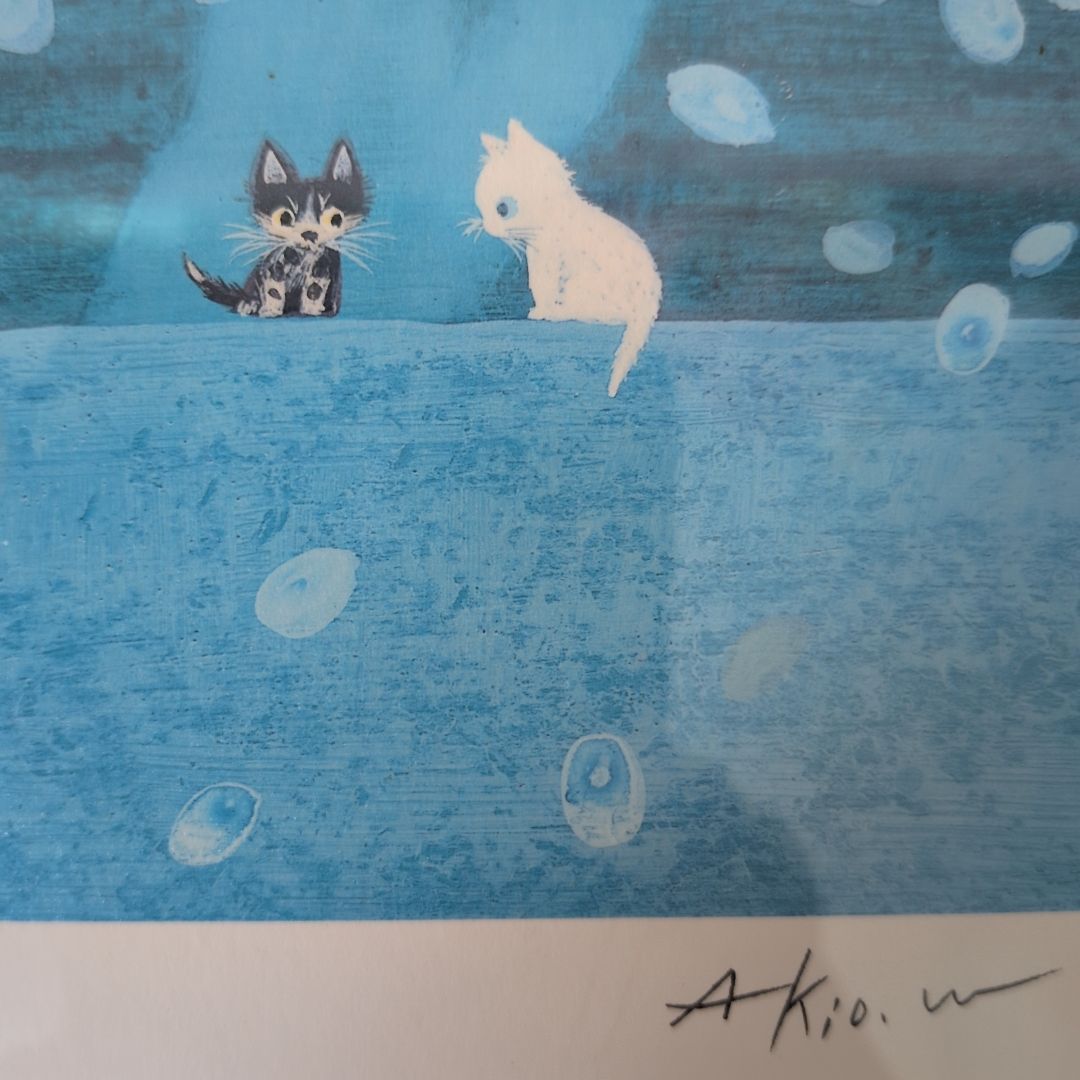 限定版800部 渡辺あきお ダイヤモンドスクリーン版画 猫2匹 サイン
