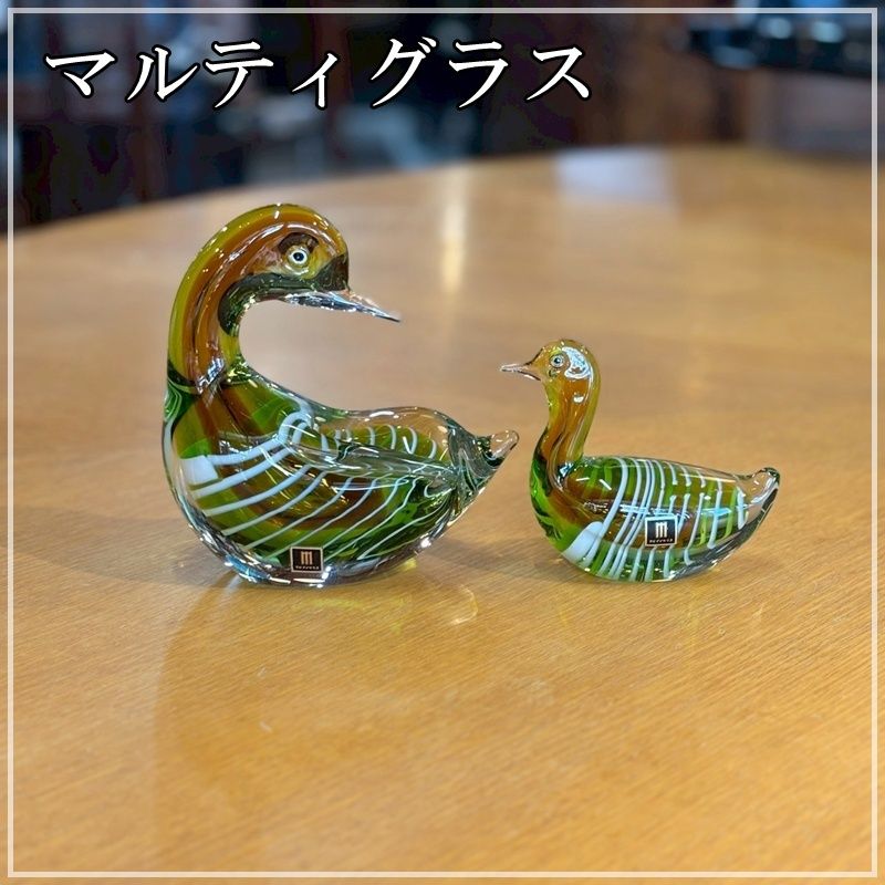 マルティグラス ガラス 鳥 ペアセット グリーン アンバー 置物