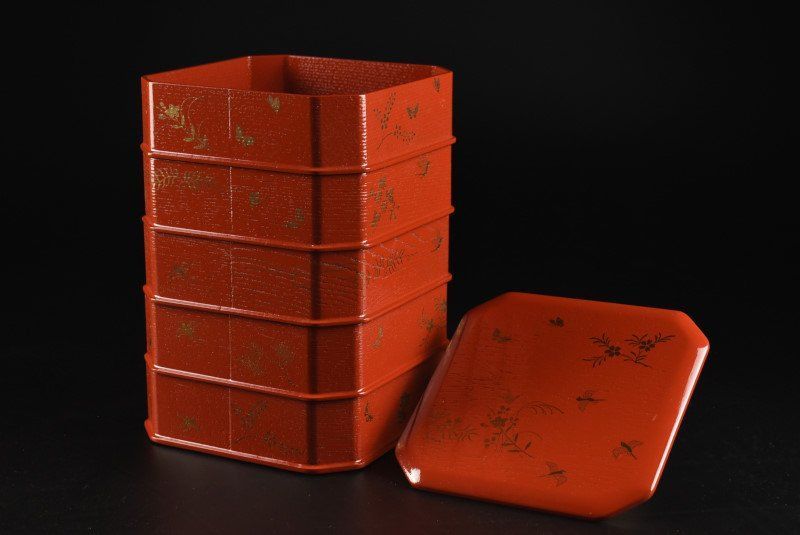 ほぼ未使用 懐石道具 木製柿合塗 5段縁高重 茶懐石 利休好写 天然木 元