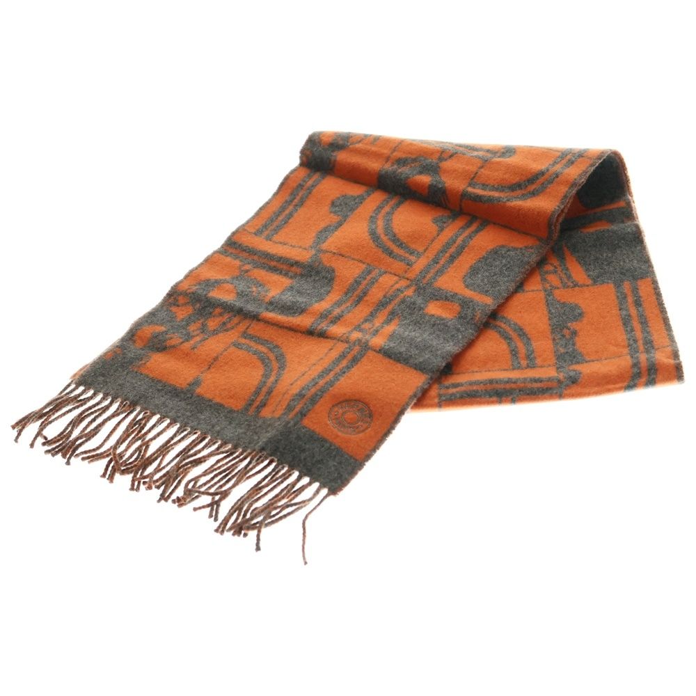 HERMES エルメス カシミアマフラーHエコセ・レクトヴェルソオレンジ