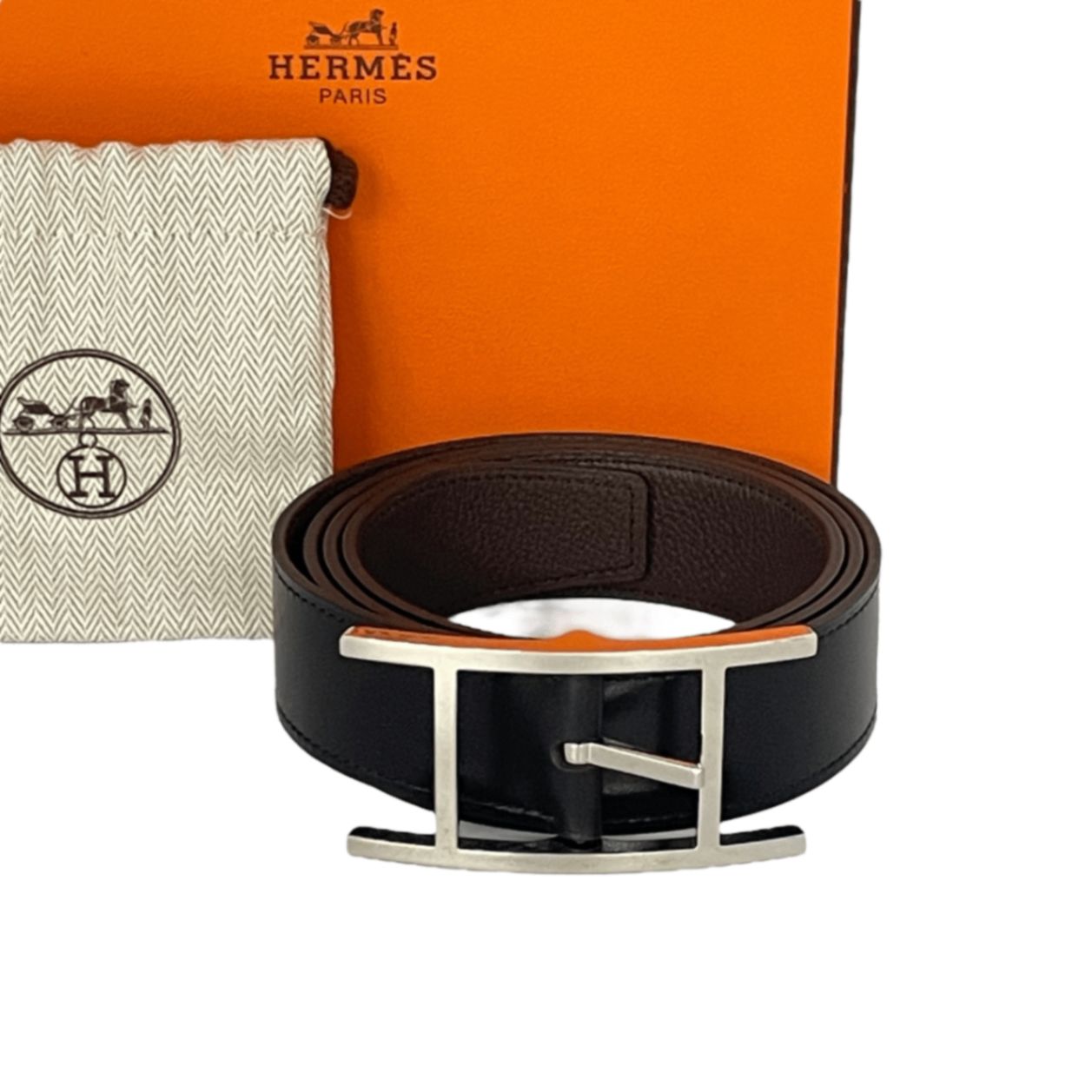 HERMES オレンジ ブラック レザーベルト リバーシブル HERMES オレンジ