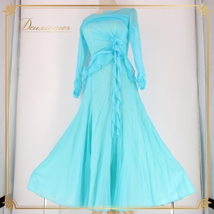 美品 社交ダンス衣装】ワンピース ドレス 水色 ライトブルー