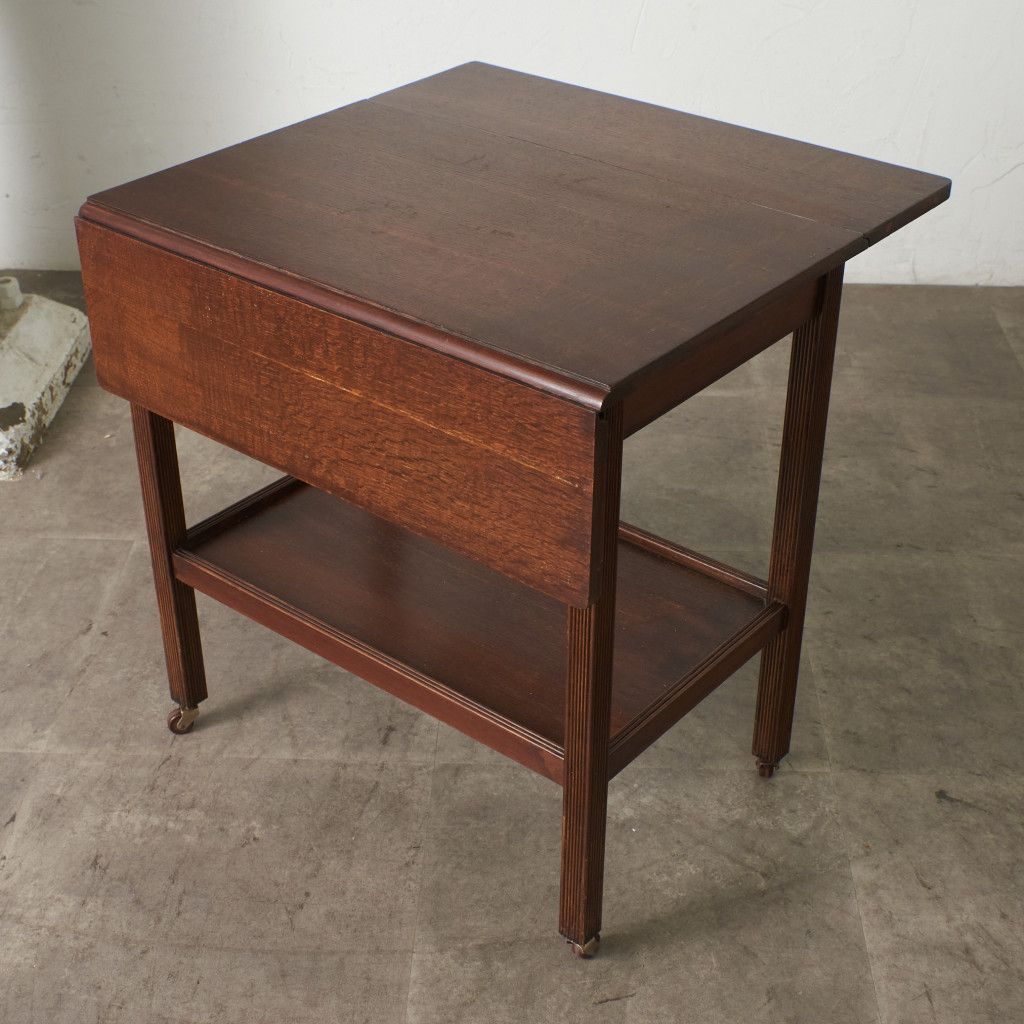 英国アンティーク木製ドロップリーフトロリーテーブル/収納式ワゴン机