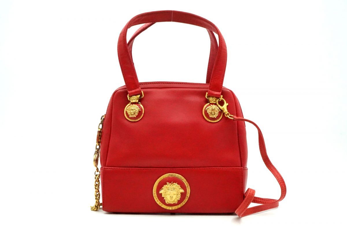 ジャンニヴェルサーチ ハンドバッグ 赤 レザー チャーム付 GIANNI