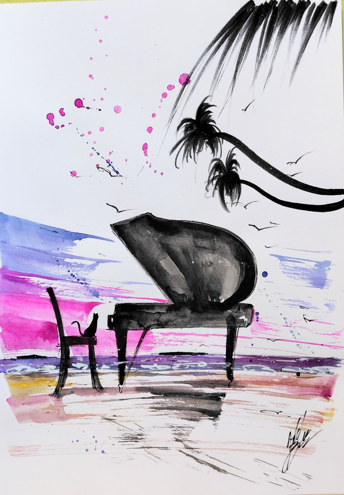 原画#316 黒猫 猫 ピアノ ハワイ 海 水彩画 ドローイング インテリア